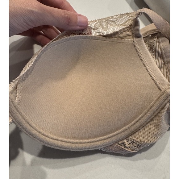 Natori Mod Deep Plunge Underwire Push Up Striped Bra Size 32D Beige Lace Trim - Picture 4 of 8